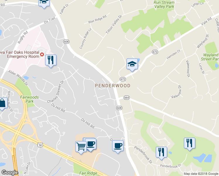 map of restaurants, bars, coffee shops, grocery stores, and more near 3615 Ox Ridge Court in Fairfax