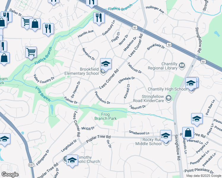 map of restaurants, bars, coffee shops, grocery stores, and more near 13622 Ellendale Drive in Chantilly