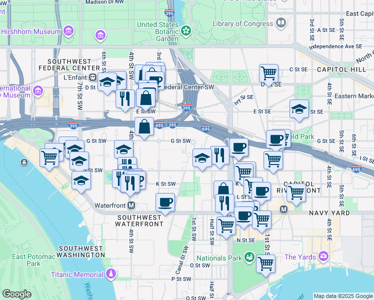 map of restaurants, bars, coffee shops, grocery stores, and more near 723 Delaware Avenue Southwest in Washington