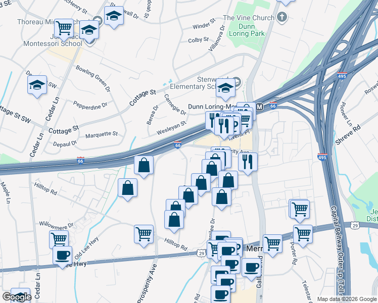 map of restaurants, bars, coffee shops, grocery stores, and more near 2677 Prosperity Avenue in Fairfax