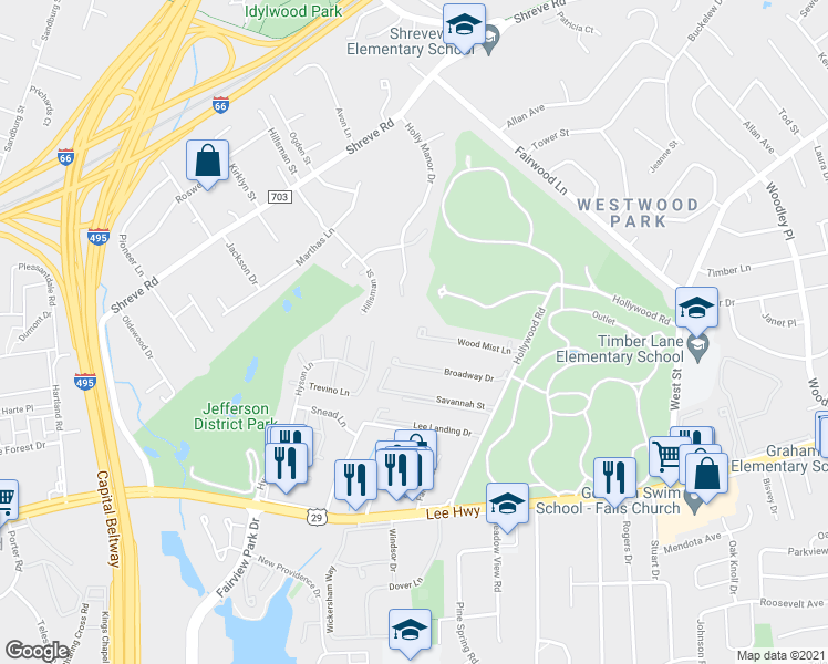 map of restaurants, bars, coffee shops, grocery stores, and more near 7646 Wood Mist Lane in Falls Church