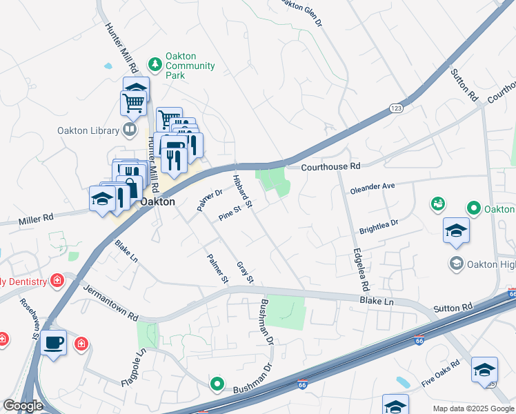 map of restaurants, bars, coffee shops, grocery stores, and more near 2905 Hibbard Street in Oakton