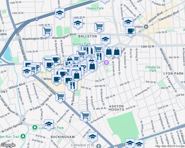 map of restaurants, bars, coffee shops, grocery stores, and more near 3804 Wilson Boulevard in Arlington