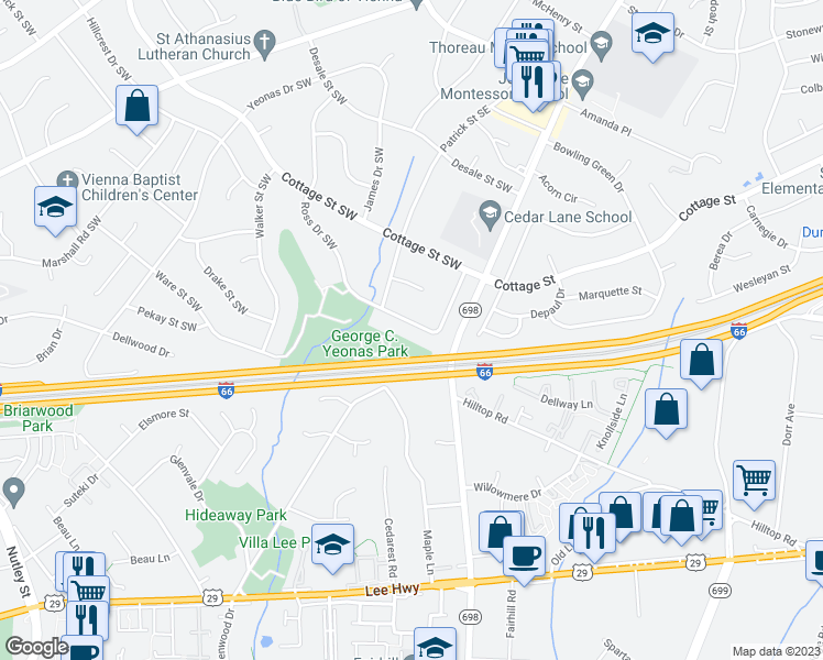 map of restaurants, bars, coffee shops, grocery stores, and more near 1412 Ross Drive Southwest in Vienna