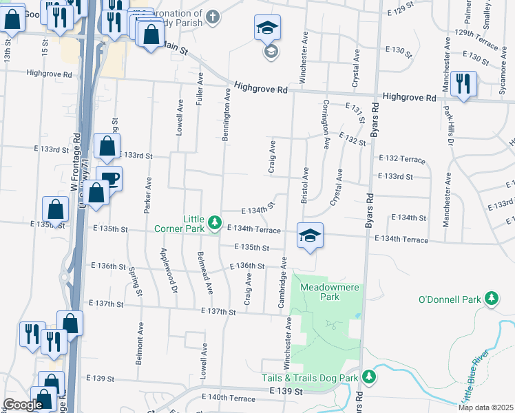 map of restaurants, bars, coffee shops, grocery stores, and more near 6624 East 134th Terrace in Grandview