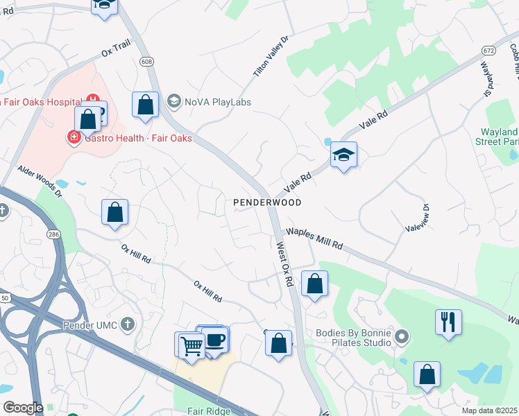 map of restaurants, bars, coffee shops, grocery stores, and more near 3615 Ox Ridge Court in Fairfax