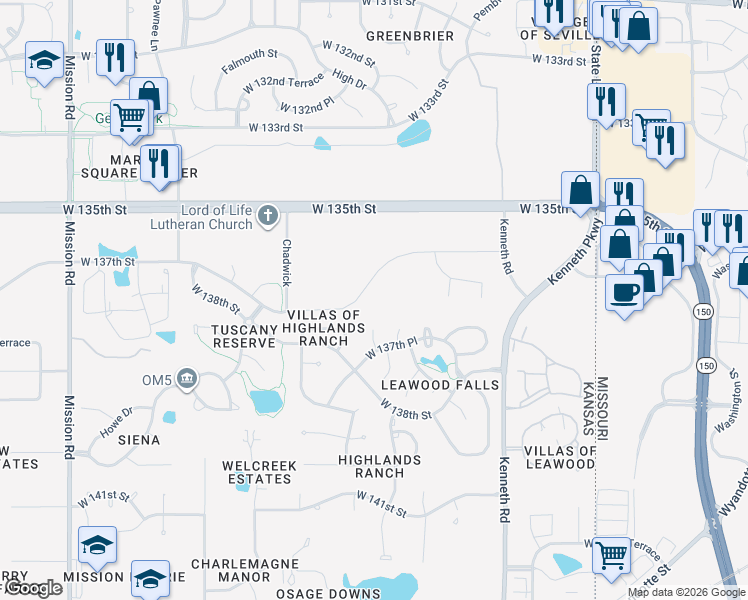 map of restaurants, bars, coffee shops, grocery stores, and more near 13645 Belinder Street in Overland Park