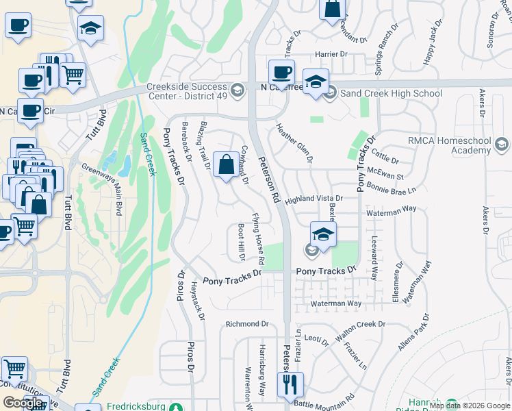 map of restaurants, bars, coffee shops, grocery stores, and more near 3225 Flying Horse Road in Colorado Springs