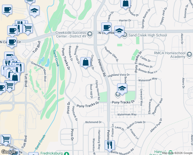 map of restaurants, bars, coffee shops, grocery stores, and more near 3225 Flying Horse Road in Colorado Springs