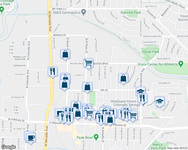 map of restaurants, bars, coffee shops, grocery stores, and more near 3214 North Prospect Street in Colorado Springs