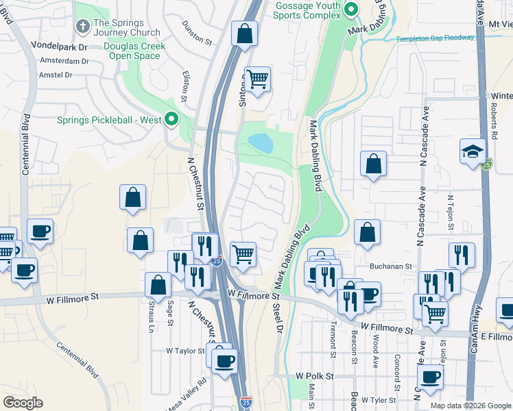 map of restaurants, bars, coffee shops, grocery stores, and more near 3405 Sinton Road in Colorado Springs