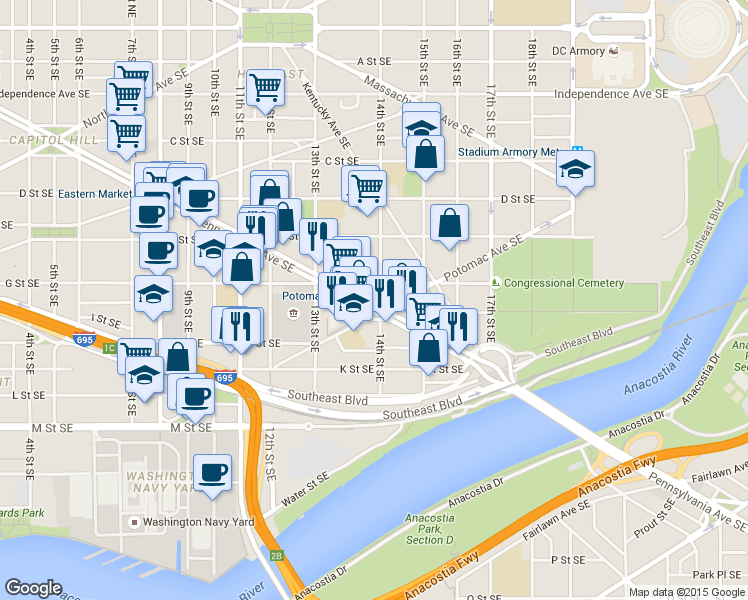 map of restaurants, bars, coffee shops, grocery stores, and more near 101 Independence Avenue Southeast in Washington