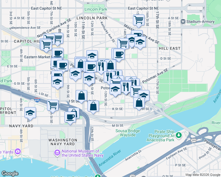 map of restaurants, bars, coffee shops, grocery stores, and more near 101 Independence Avenue Southeast in Washington