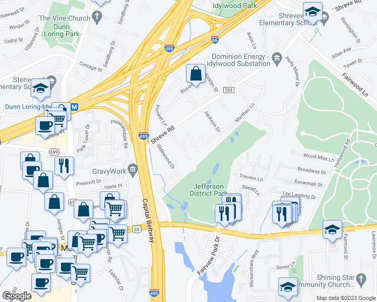map of restaurants, bars, coffee shops, grocery stores, and more near 2725 Pioneer Lane in Falls Church