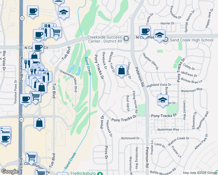 map of restaurants, bars, coffee shops, grocery stores, and more near 3450 Bareback Drive in Colorado Springs