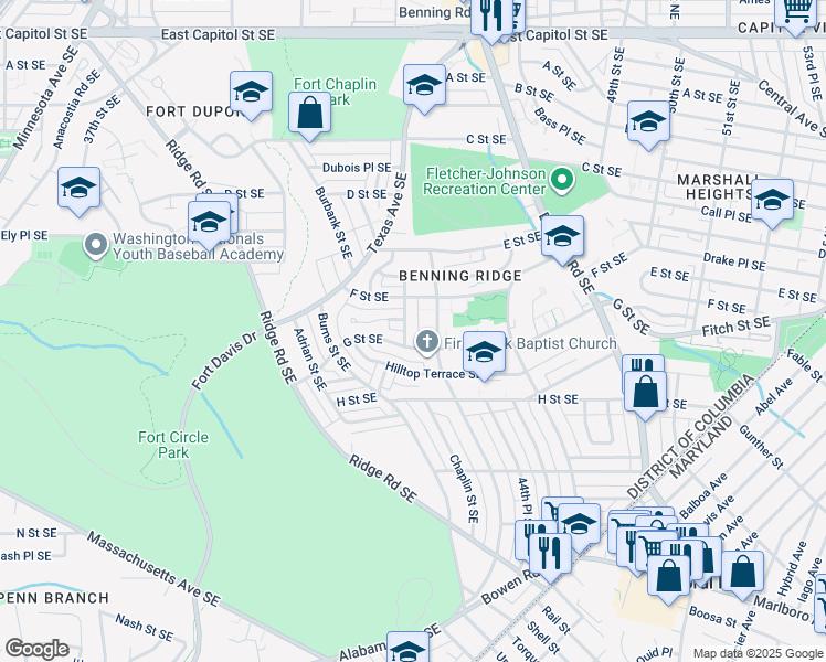 map of restaurants, bars, coffee shops, grocery stores, and more near 642 Chaplin Street Southeast in Washington