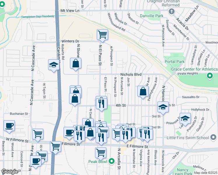 map of restaurants, bars, coffee shops, grocery stores, and more near 3214 North Prospect Street in Colorado Springs