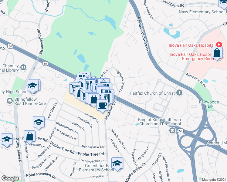 map of restaurants, bars, coffee shops, grocery stores, and more near 12964 Pinehurst Greens Court in Fairfax