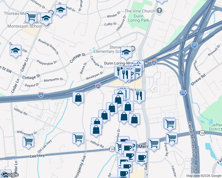 map of restaurants, bars, coffee shops, grocery stores, and more near 2675 Prosperity Avenue in Fairfax