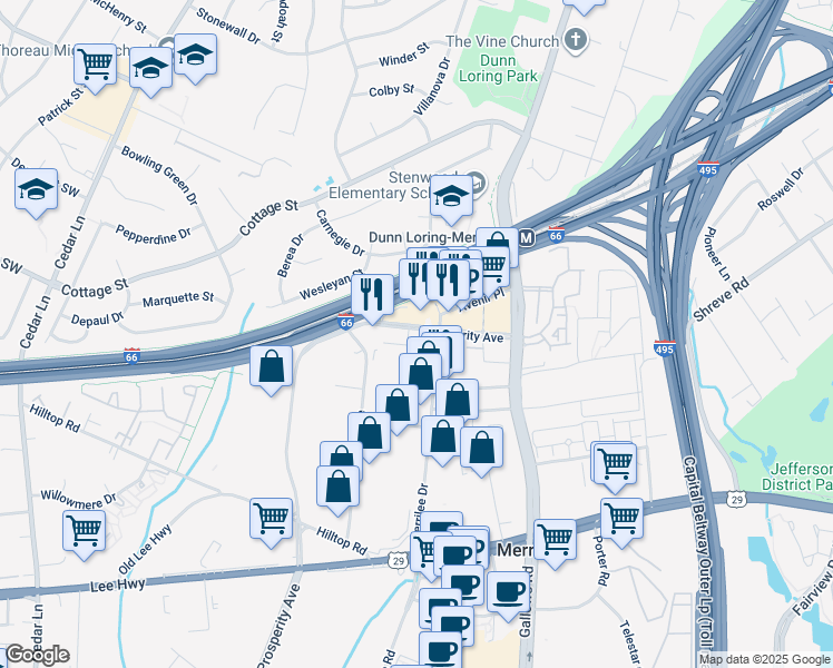map of restaurants, bars, coffee shops, grocery stores, and more near 2665 Prosperity Avenue in Fairfax