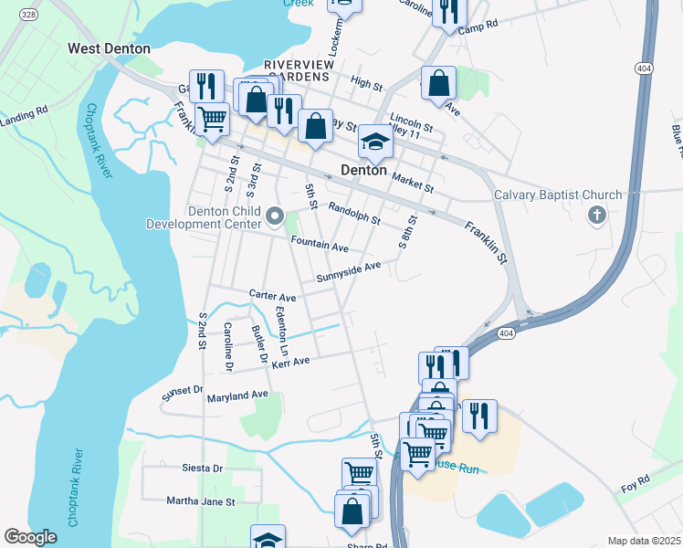map of restaurants, bars, coffee shops, grocery stores, and more near Sunnyside Avenue in Denton