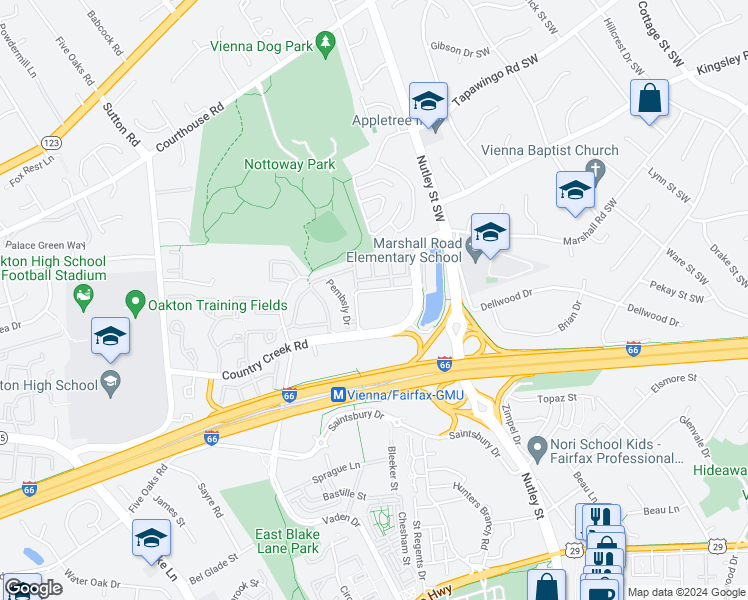 map of restaurants, bars, coffee shops, grocery stores, and more near 2791 Centerboro Drive in Vienna