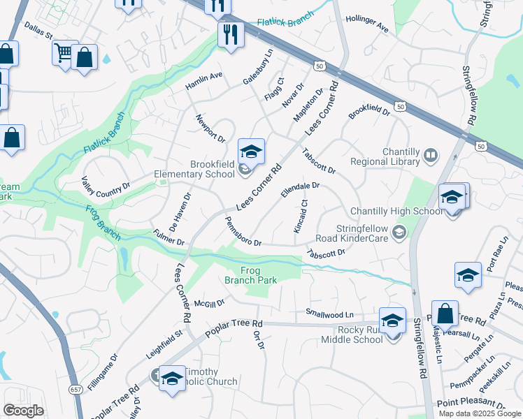 map of restaurants, bars, coffee shops, grocery stores, and more near 13622 Ellendale Drive in Chantilly