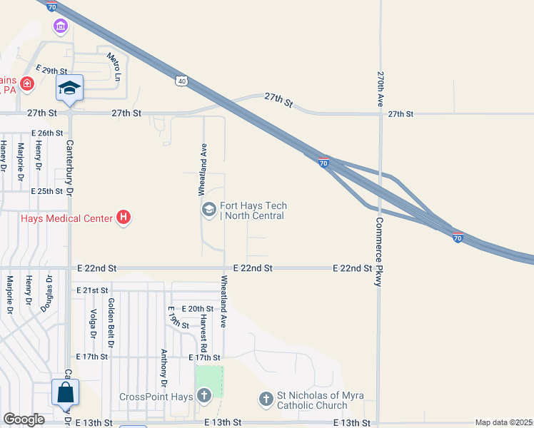 map of restaurants, bars, coffee shops, grocery stores, and more near 2201 Wheatland Avenue in Hays