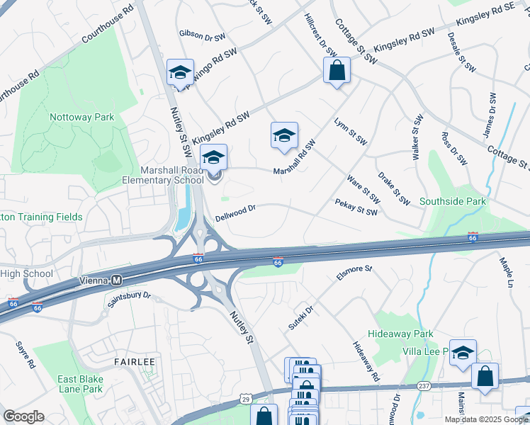 map of restaurants, bars, coffee shops, grocery stores, and more near 9209 Dellwood Drive in Vienna