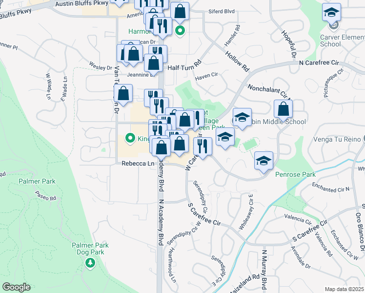 map of restaurants, bars, coffee shops, grocery stores, and more near 3359 North Academy Boulevard in Colorado Springs
