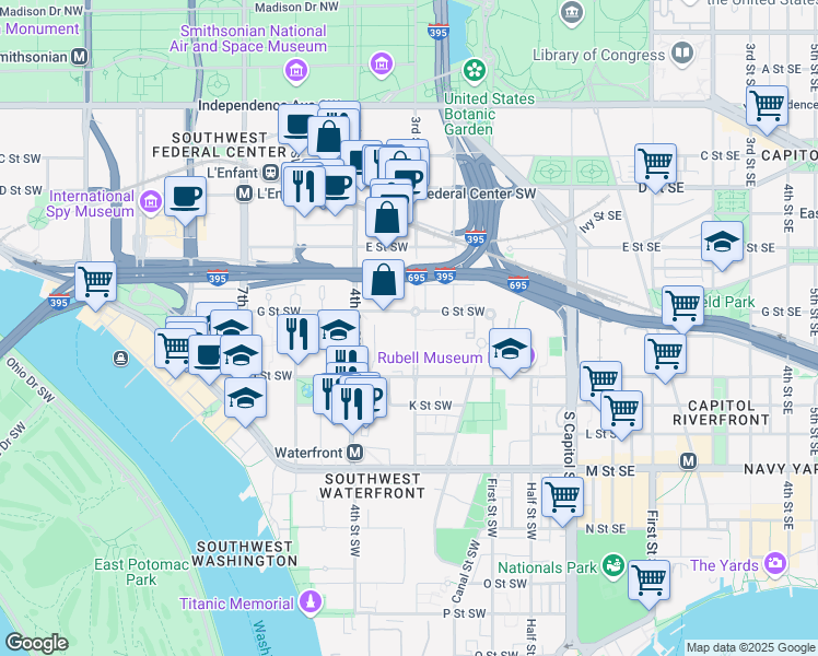 map of restaurants, bars, coffee shops, grocery stores, and more near 715 3rd Street Southwest in Washington