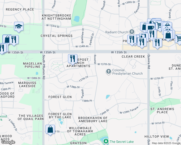 map of restaurants, bars, coffee shops, grocery stores, and more near 13716 Parkhill Street in Overland Park