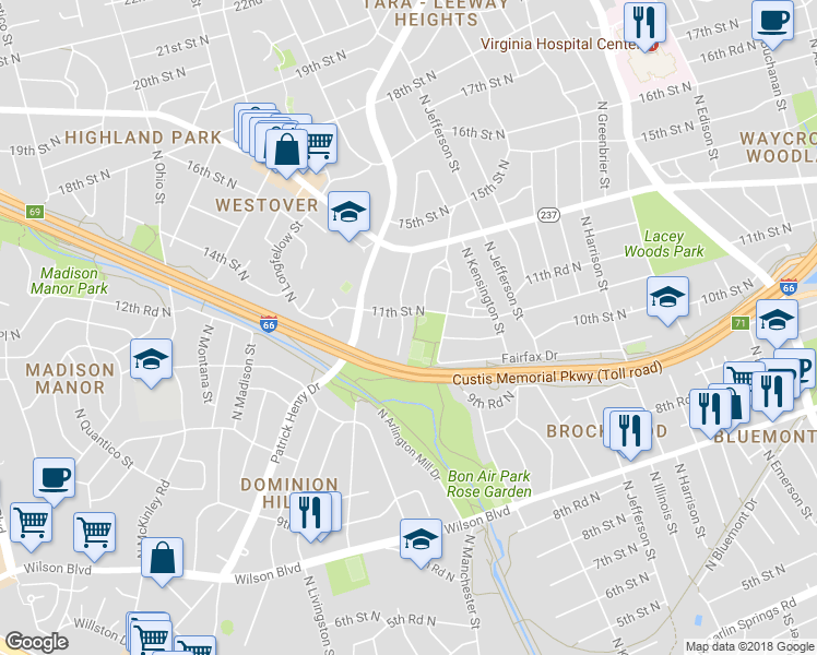 map of restaurants, bars, coffee shops, grocery stores, and more near 1013 North Kentucky Street in Arlington