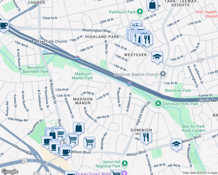 map of restaurants, bars, coffee shops, grocery stores, and more near 1112 North Ohio Street in Arlington