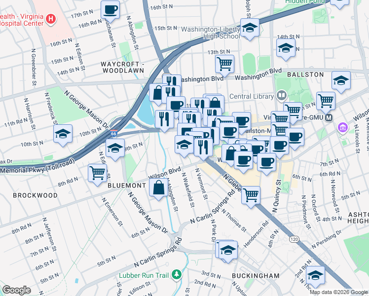 map of restaurants, bars, coffee shops, grocery stores, and more near 900 North Glebe Road in Arlington