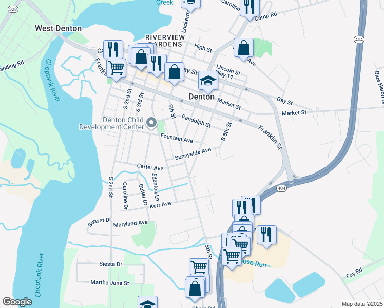 map of restaurants, bars, coffee shops, grocery stores, and more near Sunnyside Avenue in Denton