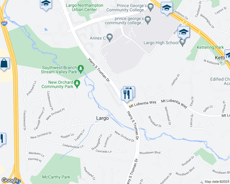 map of restaurants, bars, coffee shops, grocery stores, and more near 601 Harry S Truman Drive in Largo