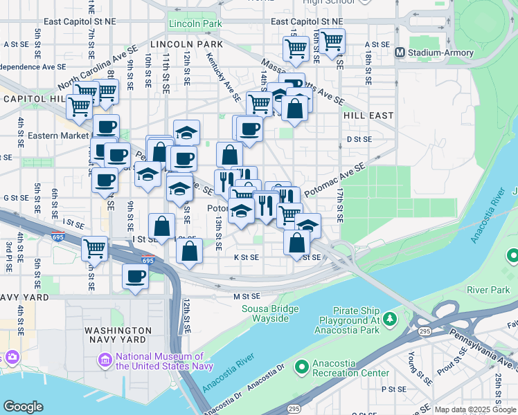 map of restaurants, bars, coffee shops, grocery stores, and more near 101 Independence Avenue Southeast in Washington