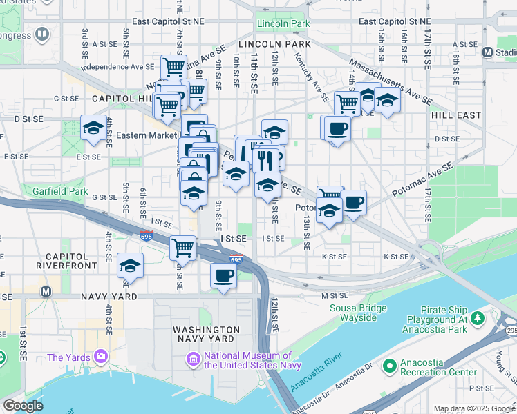 map of restaurants, bars, coffee shops, grocery stores, and more near 101 Independence Avenue Southeast in Washington