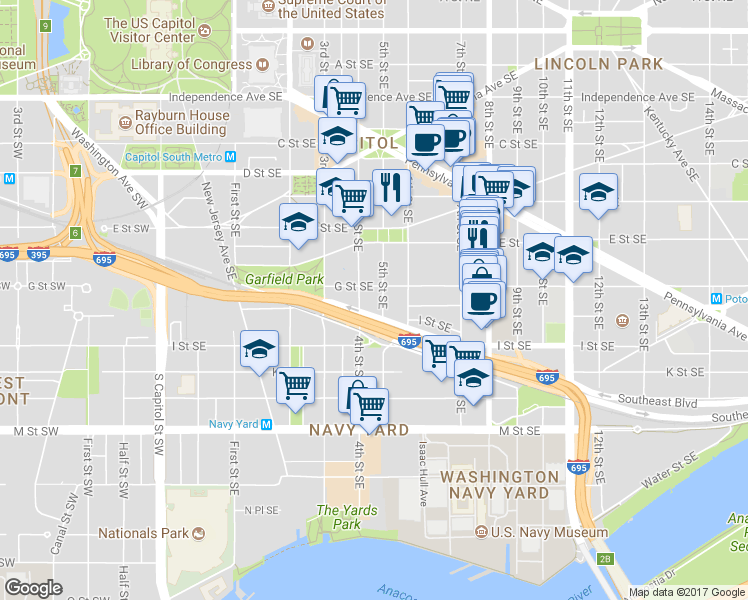 map of restaurants, bars, coffee shops, grocery stores, and more near 101 Independence Avenue Southeast in Washington