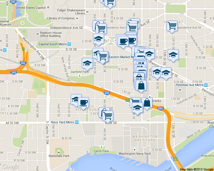 map of restaurants, bars, coffee shops, grocery stores, and more near 101 Independence Avenue Southeast in Washington