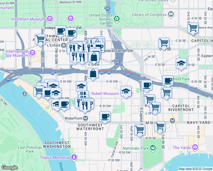 map of restaurants, bars, coffee shops, grocery stores, and more near 101 Independence Avenue Southeast in Washington