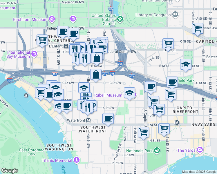 map of restaurants, bars, coffee shops, grocery stores, and more near 101 Independence Avenue Southeast in Washington