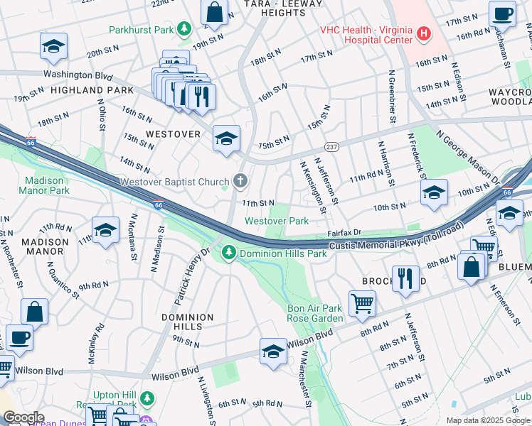 map of restaurants, bars, coffee shops, grocery stores, and more near 1013 North Kentucky Street in Arlington