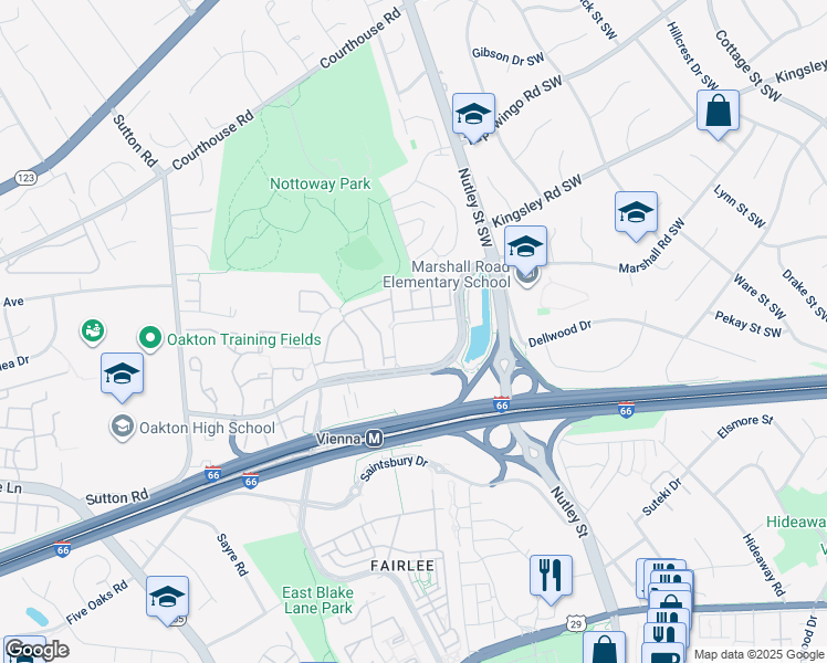 map of restaurants, bars, coffee shops, grocery stores, and more near 2765 Centerboro Drive in Vienna