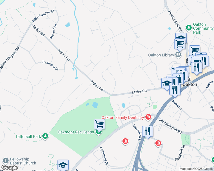 map of restaurants, bars, coffee shops, grocery stores, and more near 10687 Alliwells Court in Oakton