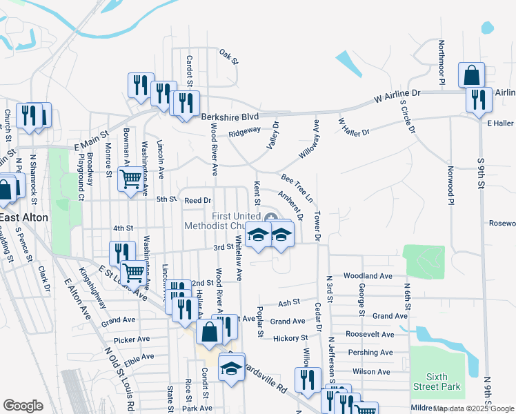 map of restaurants, bars, coffee shops, grocery stores, and more near 804 Amherst Drive in East Alton