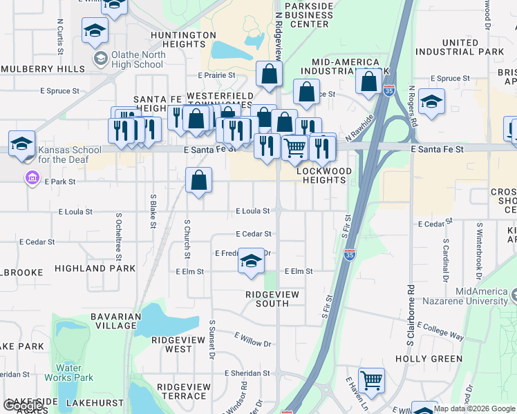 map of restaurants, bars, coffee shops, grocery stores, and more near 104 South Annie Street in Olathe