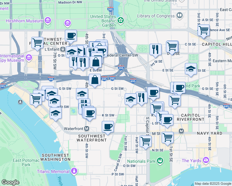 map of restaurants, bars, coffee shops, grocery stores, and more near 158 G Street Southwest in Washington