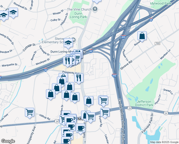 map of restaurants, bars, coffee shops, grocery stores, and more near 2733 Manhattan Place in Vienna